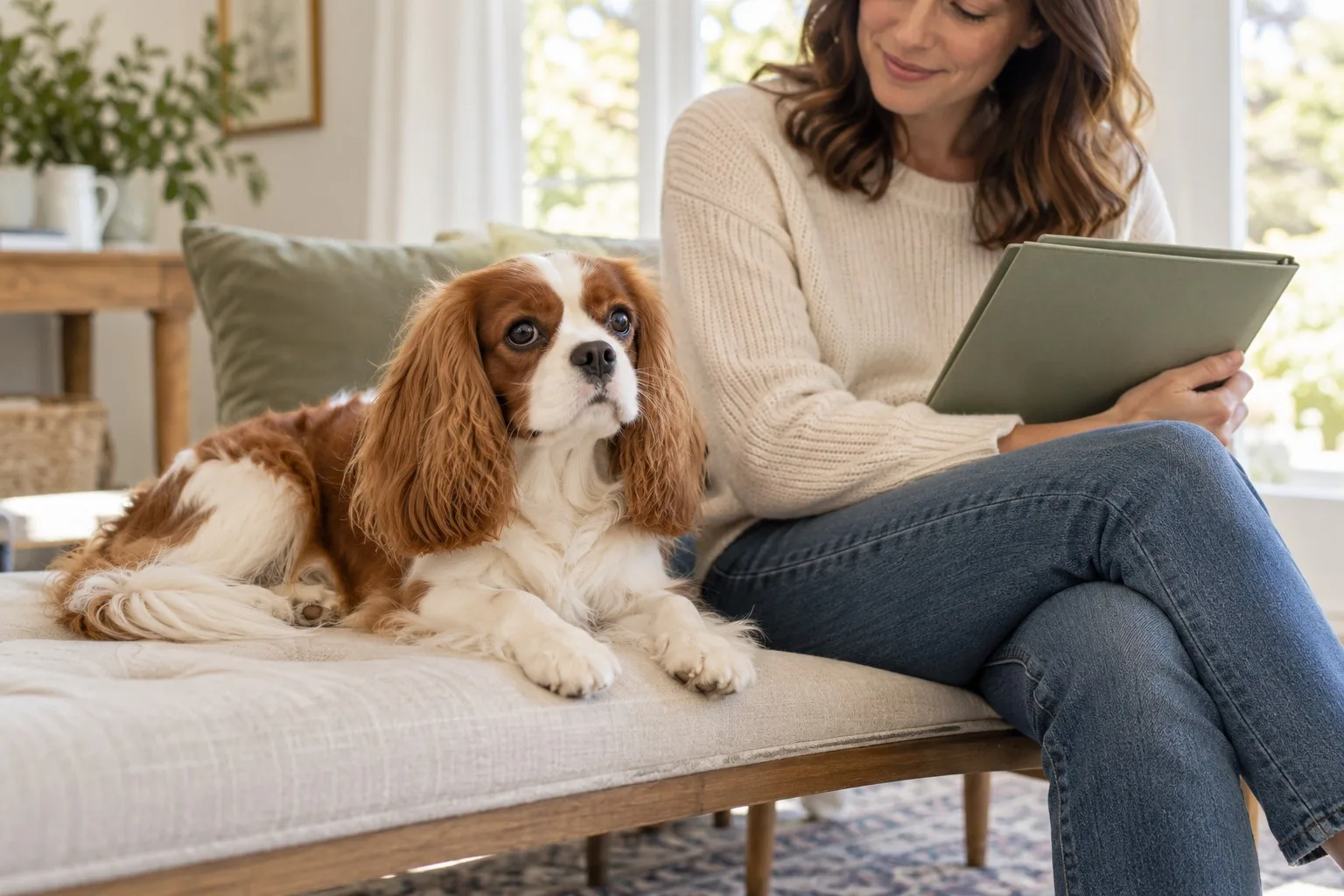 Chestnut-and-white Cavalier King Charles Spaniel beside an owner holding a folder